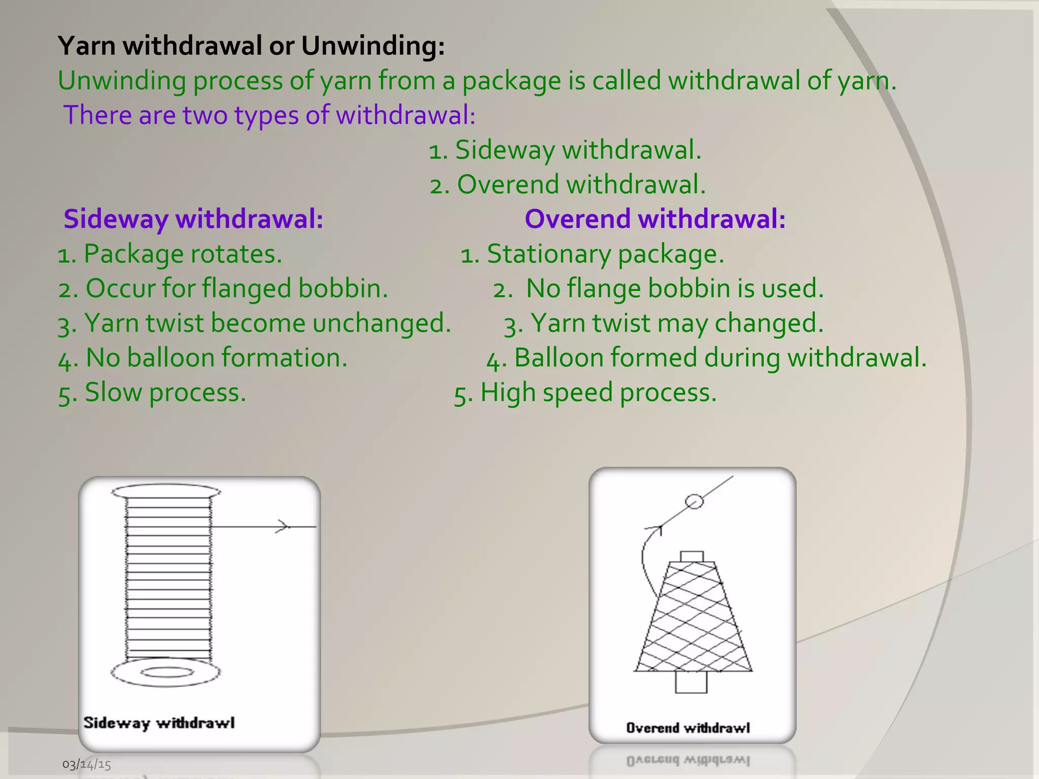03/14/15
Yarn withdrawal or Unwinding:
Unwinding process of yarn from a package is called withdrawal of yarn.
There are two types of withdrawal:
1. Sideway withdrawal.
2. Overend withdrawal.
Sideway withdrawal: Overend withdrawal:
1. Package rotates. 1. Stationary package.
2. Occur for flanged bobbin. 2. No flange bobbin is used.
3. Yarn twist become unchanged. 3. Yarn twist may changed.
4. No balloon formation. 4. Balloon formed during withdrawal.
5. Slow process. 5. High speed process.
 