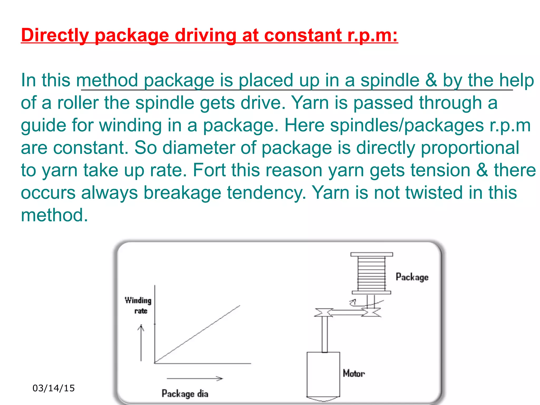 03/14/15
Directly package driving at constant r.p.m:
In this method package is placed up in a spindle & by the help
of a roller the spindle gets drive. Yarn is passed through a
guide for winding in a package. Here spindles/packages r.p.m
are constant. So diameter of package is directly proportional
to yarn take up rate. Fort this reason yarn gets tension & there
occurs always breakage tendency. Yarn is not twisted in this
method.
 