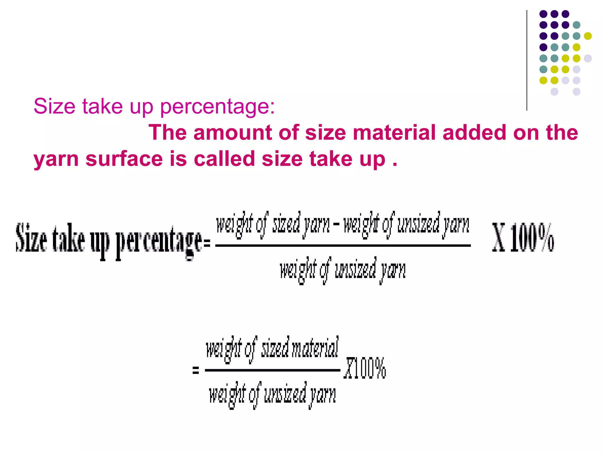 03/14/15 Ahashan Habib.
M.Sc in Textile (Sweden)
B.Sc in Textile (BUTEX)
Size take up percentage:
The amount of size material added on the
yarn surface is called size take up .
 