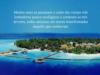 Muitos anos se passaram e certo dia vieram três lenhadores pouco ecológicos e cortaram as três árvores, todas ansiosas em serem transformadas naquilo que sonhavam. 