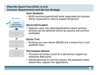 What We Heard From AFAC (4 of 6)
Common Requirements and Service Strategy
USER SEGMENTS
• 80/20 (common/specialized) looks reasonable but success
will be measured on costs to support 20 percent
DEVICE ENTITLEMENT
• Segment users into roles/classifications where common
services can be delivered (driven by security and common
workloads)
STRATEGY
Common
Requirements/
Service Strategy
Service Delivery
Model
14
DEVICE TYPE
• No bring your own device (BYOD) but a choice from a ‘pre-
qualified’ menu
PROVISIONING SERVICE
• First point of contact (Level 0) is self-service support via
enterprise Web portal
• Self-provisioning for common issues, like password resets,
restore files, request new applications
Service Transition
and
Implementation
Technology
Architecture and
Solutions
 
