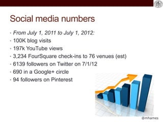 @mhames
Social media numbers
• From July 1, 2011 to July 1, 2012:
• 100K blog visits
• 197k YouTube views
• 3,234 FourSquare check-ins to 76 venues (est)
• 6139 followers on Twitter on 7/1/12
• 690 in a Google+ circle
• 94 followers on Pinterest
 