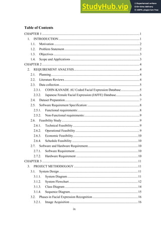 ix
Table of Contents
CHAPTER 1 ........................................................................................................................1
1. INTRODUCTION....................................................................................................1
1.1. Motivation .........................................................................................................2
1.2. Problem Statement.............................................................................................2
1.3. Objectives..........................................................................................................3
1.4. Scope and Applications .....................................................................................3
CHAPTER 2 ........................................................................................................................4
2. REQUIREMENT ANALYSIS.................................................................................4
2.1. Planning.............................................................................................................4
2.2. Literature Reviews.............................................................................................4
2.3. Data collection...................................................................................................5
2.3.1. COHN-KANADE AU Coded Facial Expression Database.......................5
2.3.2. Japanese Female Facial Expression (JAFFE) Database.............................6
2.4. Dataset Preparation............................................................................................7
2.5. Software Requirement Specification:................................................................8
2.5.1. Functional requirements:............................................................................8
2.5.2. Non-Functional requirements:....................................................................9
2.6. Feasibility Study................................................................................................9
Technical Feasibility ..................................................................................9
2.6.1.
Operational Feasibility...............................................................................9
2.6.2.
Economic Feasibility................................................................................10
2.6.3.
Schedule Feasibility .................................................................................10
2.6.4.
2.7. Software and Hardware Requirement..............................................................10
2.7.1. Software Requirement..............................................................................10
2.7.2. Hardware Requirement ............................................................................10
CHAPTER 3 ......................................................................................................................11
3. PROJECT METHODOLOGY...............................................................................11
3.1. System Design .................................................................................................11
System Diagram.......................................................................................11
3.1.1.
System Flowchart.....................................................................................12
3.1.2.
Class Diagram ..........................................................................................14
3.1.3.
Sequence Diagram....................................................................................15
3.1.4.
3.2. Phases in Facial Expression Recognition........................................................16
Image Acquisition ....................................................................................16
3.2.1.
 