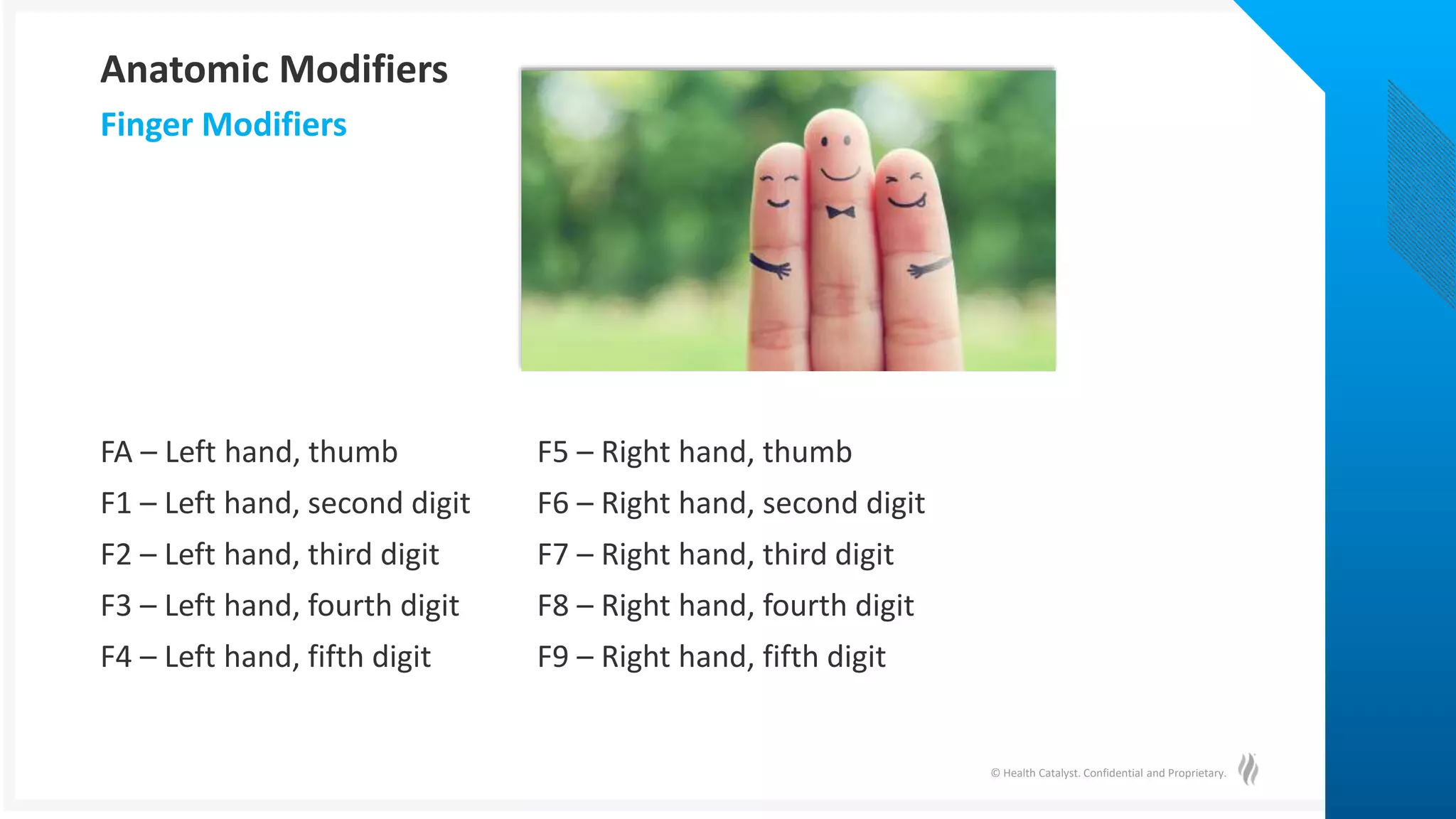© Health Catalyst. Confidential and Proprietary.
FA – Left hand, thumb F5 – Right hand, thumb
F1 – Left hand, second digit F6 – Right hand, second digit
F2 – Left hand, third digit F7 – Right hand, third digit
F3 – Left hand, fourth digit F8 – Right hand, fourth digit
F4 – Left hand, fifth digit F9 – Right hand, fifth digit
Finger Modifiers
Anatomic Modifiers
 
