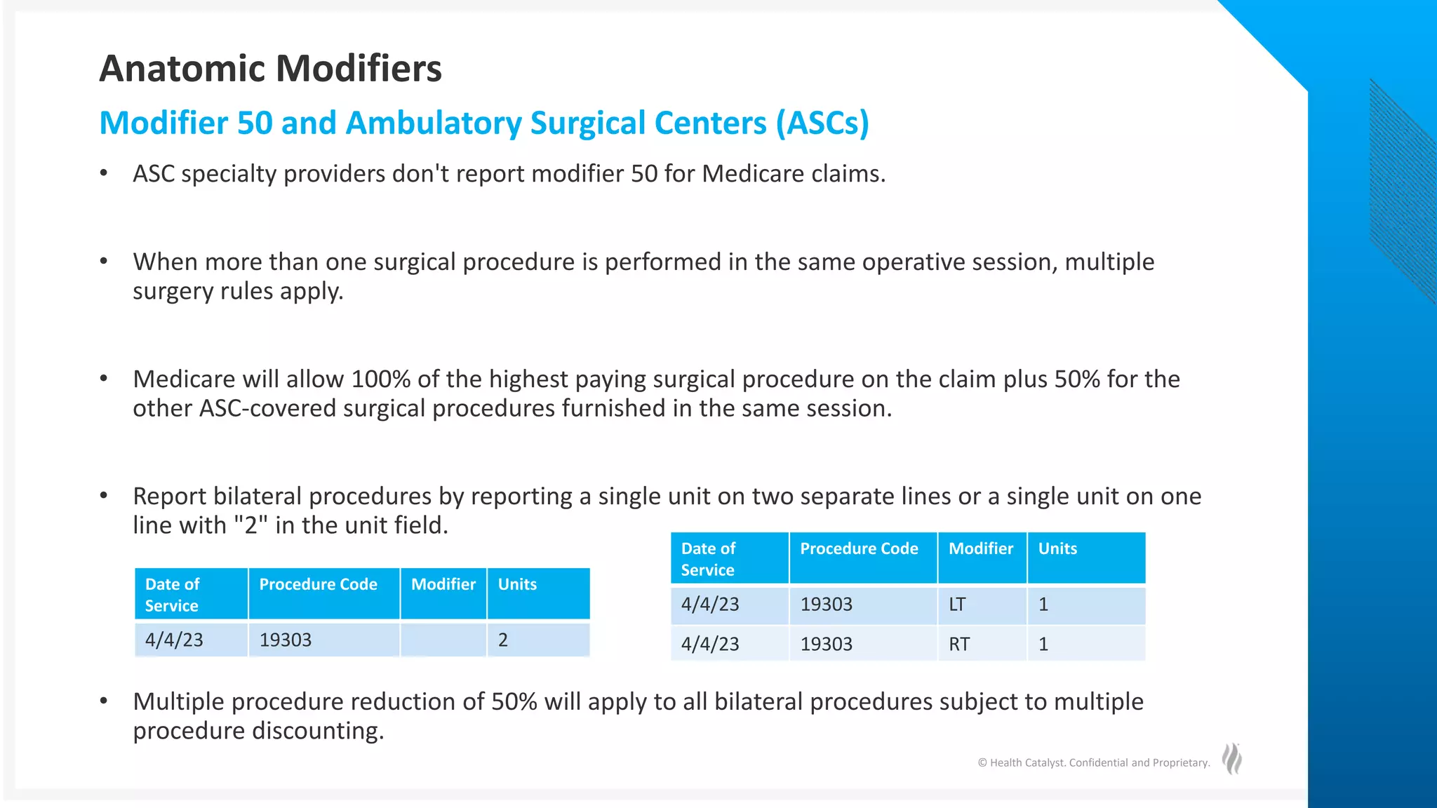 © Health Catalyst. Confidential and Proprietary.
• ASC specialty providers don't report modifier 50 for Medicare claims.
• When more than one surgical procedure is performed in the same operative session, multiple
surgery rules apply.
• Medicare will allow 100% of the highest paying surgical procedure on the claim plus 50% for the
other ASC-covered surgical procedures furnished in the same session.
• Report bilateral procedures by reporting a single unit on two separate lines or a single unit on one
line with "2" in the unit field.
• Multiple procedure reduction of 50% will apply to all bilateral procedures subject to multiple
procedure discounting.
Modifier 50 and Ambulatory Surgical Centers (ASCs)
Anatomic Modifiers
Date of
Service
Procedure Code Modifier Units
4/4/23 19303 2
Date of
Service
Procedure Code Modifier Units
4/4/23 19303 LT 1
4/4/23 19303 RT 1
 