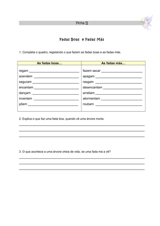 Ficha II




                             Fadas Boas e Fadas Más


1. Completa o quadro, registando o que fazem as fadas boas e as fadas más.


            As fadas boas…                                 As fadas más…

regam ____________________________            fazem secar _______________________
acendem _________________________             apagam __________________________
seguram __________________________            rasgam __________________________
encantam _________________________            desencantam ______________________
dançam __________________________             arreliam __________________________
inventam _________________________            atormentam _______________________
põem ____________________________             roubam __________________________



2. Explica o que faz uma fada boa, quando vê uma árvore morta.
______________________________________________________________________
______________________________________________________________________
______________________________________________________________________




3. O que acontece a uma árvore cheia de vida, se uma fada má a vê?
______________________________________________________________________
______________________________________________________________________
______________________________________________________________________
 