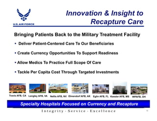 Innovation & Insight to
                                                    Recapture Care
   Bringing Patients Back to the Military Treatment Facility
       Deliver Patient-Centered Care To Our Beneficiaries

      Create Currency Opportunities To Support Readiness

      Allow Medics To Practice Full Scope Of Care

      Tackle Per Capita Cost Through Targeted Investments




Travis AFB, CA Langley AFB, VA   Nellis AFB, NV Elmendorf AFB, AK   Eglin AFB, FL Keesler AFB, MS   WPAFB, OH


        Specialty Hospitals Focused on Currency and Recapture
                         Integrity - Service - Excellence                                                       16
 