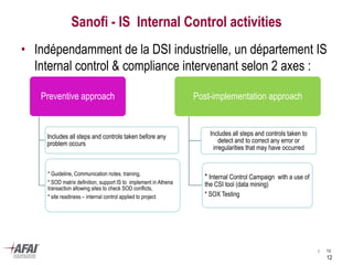 Sanofi - IS Internal Control activities
• Indépendamment de la DSI industrielle, un département IS
Internal control & compliance intervenant selon 2 axes :
Preventive approach
Includes all steps and controls taken before any
problem occurs
* Guideline, Communication notes, training,
* SOD matrix definition, support IS to implement in Athena
transaction allowing sites to check SOD conflicts,
* site readiness – internal control applied to project
Post-implementation approach
Includes all steps and controls taken to
detect and to correct any error or
irregularities that may have occurred
* Internal Control Campaign with a use of
the CSI tool (data mining)
* SOX Testing
| 12
12
 