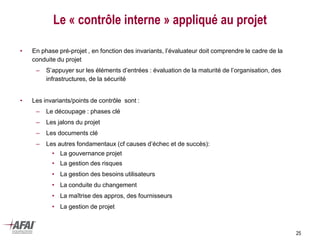25
Le « contrôle interne » appliqué au projet
• En phase pré-projet , en fonction des invariants, l’évaluateur doit comprendre le cadre de la
conduite du projet
– S’appuyer sur les éléments d’entrées : évaluation de la maturité de l’organisation, des
infrastructures, de la sécurité
• Les invariants/points de contrôle sont :
– Le découpage : phases clé
– Les jalons du projet
– Les documents clé
– Les autres fondamentaux (cf causes d’échec et de succès):
• La gouvernance projet
• La gestion des risques
• La gestion des besoins utilisateurs
• La conduite du changement
• La maîtrise des appros, des fournisseurs
• La gestion de projet
 