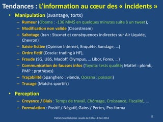 Tendances : L’information au coeur des « incidents » 
•Manipulation (avantage, torts) 
–Rumeur (Obama : -136 MM$ en quelques minutes suite à un tweet), 
–Modification non valide (Clearstream) 
–Sabotage (Iran : Stuxnet et conséquences indirectes sur Air Liquide, Chevron) 
–Saisie fictive (Opinion Internet, Enquête, Sondage, …) 
–Ordre fictif (Coscia: trading à HF), 
–Fraude (SG, UBS, Madoff, Olympus, … Libor, Forex, …) 
–Communication de fausses infos (Toyota: tests qualité; Mattel : plomb, PMP : prothèses) 
–Traçabilité (Spanghero : viande, Oceana : poisson) 
–Trucage (Matchs sportifs) 
•Perception 
–Croyance / Biais : Temps de travail, Chômage, Croissance, Fiscalité, … 
–Formulation : Positif / Négatif, Gains / Pertes, Pro-forma 
12 
Patrick Stachtchenko Jeudis de l'AFAI 4 Déc 2014  