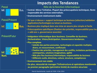Impacts des Tendances 
Passé 
Inf. Bus. 
Passé/Présent 
Inf. Bus. 
Présent/Futur 
Inf. Bus. 
Num. 
23 
Patrick Stachtchenko Jeudis de l'AFAI 4 Déc 2014 
Rôle de la fonction Informatique 
•Central. Mène l’initiative. Plupart des préoccupations techniques. Reste responsable des services externalisés. 
•Environnement relativement stable 
•Tel que ci-dessus + support technique au business (sélection/validation application/technologie) ou laissé au business. 
•Business plus impliqué dans une mise en oeuvre plus simple et facile 
•Préoccupations spécifiques (fixation des priorités, responsabilité pour les « add-ons », gouvernance associée) 
•Intégrateur informatique dans business. Conseiller du business. Orchestration. Vision/Anticipation. Gouvernance tendances. 
•Plus complexe 
•Intérêts des parties prenantes, technologies et capacités multiples, divers, en recouvrement, conflictuels 
•Fixation des priorités, management des conflits, incitations pertinentes, contreparties, solutions imaginatives, agilité 
•Rôle plus flou business/informatique, responsabilité du business 
•Différents outils, directives, culture, structure, compétences 
•Environnement non stable 
•De plus, nécessité de manager l’infrastructure et opérations mentionnés au premier paragraphe (périmètre limité) de manière sécurisée  