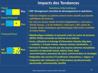 Impacts des Tendances 
Passé 
Inf. Bus. 
Passé/Présent 
Inf. Bus. 
Présent/Futur 
Inf. Bus. 
Num. 
24 
Patrick Stachtchenko Jeudis de l'AFAI 4 Déc 2014 
Solutions Informatiques 
•ERP. Management centralisé du développement et opérations 
•Add-ons intégrés au système central moins réactifs aux besoins spécifiques du business 
•Ou mise en oeuvre simple et facile d’applications « end-users » (Excell, Access,…) et de matériel « end-users » (PC, poste de travail). Outils analytiques spécialisés(type SAS) moins contrôlés et moins fiables 
•Mobiles/Apps multiples et puissants entre les mains du business (BYOD, BYOA) connectés en interne et en externe 
•Accès, utilisation et échange d’information étendus (big data, « analytics » à haute vitesse, réseaux sociaux, localisation, …) 
•Services IT étendus fournis par des sources externes mutualisées souvent à la demande (cloud, hybrid, HaaS, SaaS, consumérisation, puissance de calcul, communication et stockage) 
•Intégration des services IT (multicanal, interactions, « legacy ») 
•Intégration de l’utilisation de l’informations (professionnelle, personnelle, communautés, famille)  