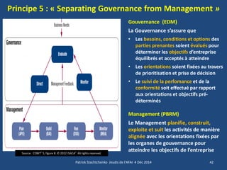 Principe 5 : « Separating Governance from Management » 
42 
Patrick Stachtchenko Jeudis de l'AFAI 4 Déc 2014 
Source: COBIT® 5, figure 8. © 2012 ISACA® All rights reserved. 
Gouvernance (EDM) La Gouvernance s’assure que 
•Les besoins, conditions et options des parties prenantes soient évalués pour déterminer les objectifs d’entreprise équilibrés et acceptés à atteindre 
•Les orientations soient fixées au travers de prioritisation et prise de décision 
•Le suivi de la perfomance et de la conformité soit effectué par rapport aux orientations et objectifs pré- déterminés Management (PBRM) Le Management planifie, construit, exploite et suit les activités de manière alignée avec les orientations fixées par les organes de gouvernance pour atteindre les objectifs de l’entreprise  