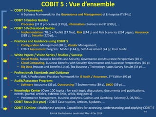 COBIT 5 : Vue d’ensemble 
–COBIT 5 Framework 
•A Business Framework for the Governance and Management of Enterprise IT (94 p) 
–COBIT 5 Enabler Guides 
•Processes (37 IT processes) (230 p), Information (Business and IT) (90 p), … 
–COBIT 5 Professional Guides 
•Implementation (78 p) + Toolkit (17 files), Risk (244 p) and Risk Scenarios (294 pages), Assurance (318 p), Security (220 p), … 
–Practices and Guidance using COBIT 5 
•Configuration Management (88 p), Vendor Management, ... 
•COBIT Assessment Program : Model (144 p), Self Assessment (24 p), User Guide 
–White Papers / Vision Series / Studies / Surveys 
•Social Media, Business Benefits and Security, Governance and Assurance Perspectives (10 p) 
•Cloud Computing, Business Benefits with Security, Governance and Assurance Perspectives (10 p) 
•Big Data Impacts and Benefits (14 p), Top Business / Technology Issues Survey Results (34 p), … 
–Professionals Standards and Guidance 
•ITAF, A Professional Practices Framework for IS Audit / Assurance, 2nd Edition (93 p) 
–Audit/Assurance Programs 
•Software Assurance (35 p), Outsourcing IT Environments (39 p), BYOD (39 p), … 
–Knowledge Center (Over 100 topics : for each topic discussions, documents and publications, events, journal articles, external links, wikis, blog posts) 
•Performance Management, Business Analytics, Casinos and Gambling, Solvency 2, OS/400,… 
–COBIT Focus (4 x year) : COBIT Case studies, Articles, Updates, … 
–COBIT 5 Online : Multiphase project. Capabilities for accessing, understanding and applying COBIT 5 
Patrick Stachtchenko Jeudis de l'AFAI 4 Déc 2014 
44  