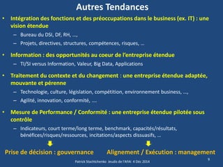 Autres Tendances 
•Intégration des fonctions et des préoccupations dans le business (ex. IT) : une vision étendue 
–Bureau du DSI, DF, RH, …, 
–Projets, directives, structures, compétences, risques, … 
•Information : des opportunités au coeur de l’entreprise étendue 
–TI/SI versus Information, Valeur, Big Data, Applications 
•Traitement du contexte et du changement : une entreprise étendue adaptée, mouvante et pérenne 
–Technologie, culture, législation, compétition, environnement business, …, 
–Agilité, innovation, conformité, …. 
•Mesure de Performance / Conformité : une entreprise étendue pilotée sous contrôle 
–Indicateurs, court terme/long terme, benchmark, capacités/résultats, bénéfices/risques/ressources, incitations/aspects dissuasifs, … 
9 
Patrick Stachtchenko Jeudis de l'AFAI 4 Déc 2014 
Prise de décision : gouvernance 
Alignement / Exécution : management  