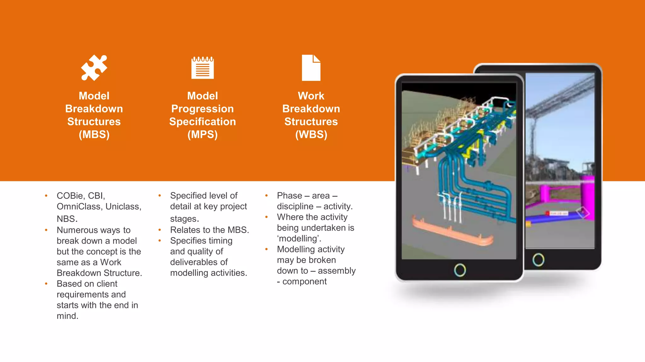 Model
Progression
Specification
(MPS)
Model
Breakdown
Structures
(MBS)
Work
Breakdown
Structures
(WBS)
• Specified level of
detail at key project
stages.
• Relates to the MBS.
• Specifies timing
and quality of
deliverables of
modelling activities.
• COBie, CBI,
OmniClass, Uniclass,
NBS.
• Numerous ways to
break down a model
but the concept is the
same as a Work
Breakdown Structure.
• Based on client
requirements and
starts with the end in
mind.
• Phase – area –
discipline – activity.
• Where the activity
being undertaken is
‘modelling’.
• Modelling activity
may be broken
down to – assembly
- component
 