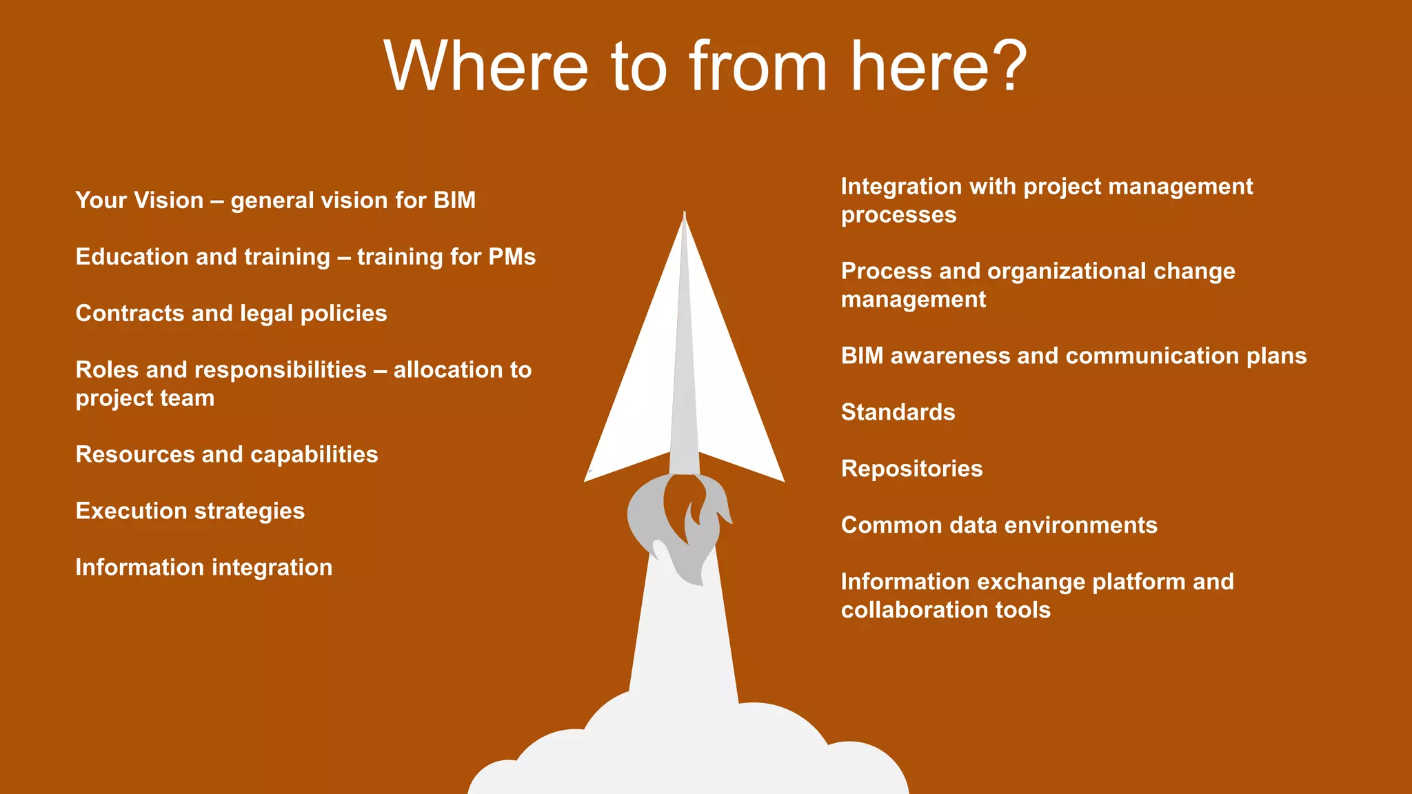 Where to from here?
Integration with project management
processes
Process and organizational change
management
BIM awareness and communication plans
Standards
Repositories
Common data environments
Information exchange platform and
collaboration tools
Your Vision – general vision for BIM
Education and training – training for PMs
Contracts and legal policies
Roles and responsibilities – allocation to
project team
Resources and capabilities
Execution strategies
Information integration
 
