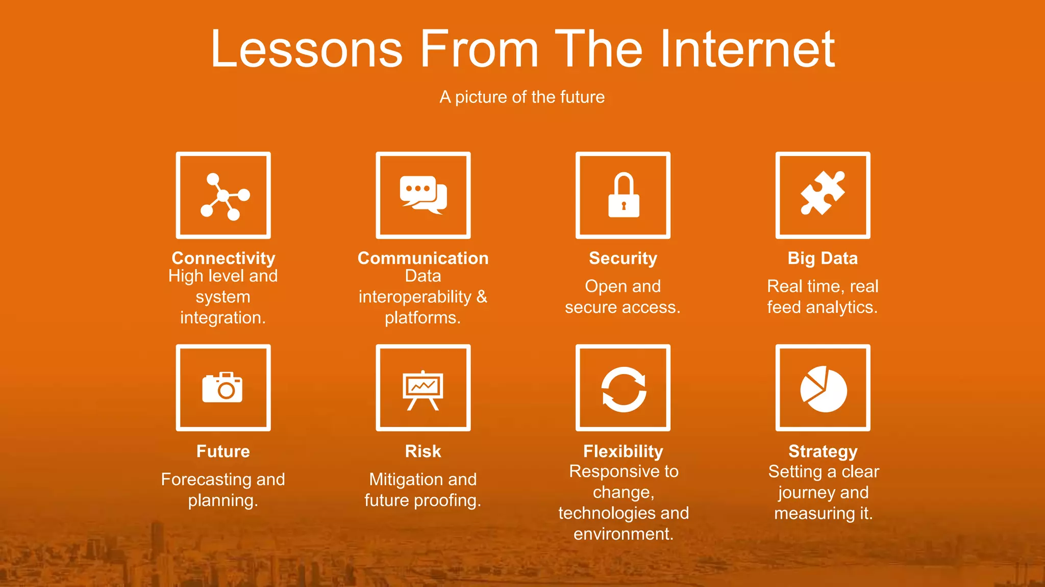 Lessons From The Internet
A picture of the future
Connectivity
High level and
system
integration.
Communication
Data
interoperability &
platforms.
Security
Open and
secure access.
Big Data
Real time, real
feed analytics.
Future
Forecasting and
planning.
Risk
Mitigation and
future proofing.
Flexibility
Responsive to
change,
technologies and
environment.
Strategy
Setting a clear
journey and
measuring it.
 