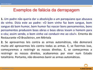 Exemplos de falácia da derrapagem 
Falácia da derrapagem 
1. Um padre não queria dar a absolvição a um paroquiano que abusava 
do vinho. Dizia este ao padre: «O bom vinho faz bom sangue, bom 
sangue dá bom humor, bom humor faz nascer bons pensamentos, bons 
pensamentos produzem boas obras e boas obras levam o homem para 
o céu; assim sendo, o bom vinho vai conduzir-me ao céu!». Ementa do 
Restaurante «O Brasileiro», em Mértola 
2. Se aprovarmos leis contra as armas automáticas, não demorará 
muito até aprovarmos leis contra todas as armas. E, se fizermos isso, 
começaremos a restringir os nossos direitos. E, se começarmos a 
restringir os nossos direitos, acabaremos por viver num Estado 
totalitário. Portanto, não devemos banir as armas automáticas. 
FILOSOFIA 11.ºano 
