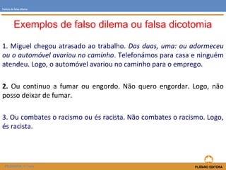 Falácia do falso dilema 
Exemplos de falso dilema ou falsa dicotomia 
1. Miguel chegou atrasado ao trabalho. Das duas, uma: ou adormeceu 
ou o automóvel avariou no caminho. Telefonámos para casa e ninguém 
atendeu. Logo, o automóvel avariou no caminho para o emprego. 
2. Ou continuo a fumar ou engordo. Não quero engordar. Logo, não 
posso deixar de fumar. 
3. Ou combates o racismo ou és racista. Não combates o racismo. Logo, 
és racista. 
FILOSOFIA 11.º ano 
