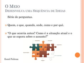 O MEIO
DESENVOLVA UMA SEQUÊNCIA DE IDEIAS
    Série de perguntas.

   Quem, o que, quando, onde, como e por quê.

   “O que ocorria antes? Como é a situação atual e o
    que se espera sobre o assunto?”




Sumã Pedrosa
 