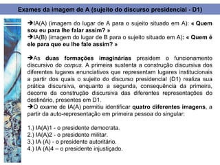 Exames da imagem de A (sujeito do discurso presidencial - D1)

   IA(A) (imagem do lugar de A para o sujeito situado em A): « Quem
   sou eu para lhe falar assim? »
   IA(B) (imagem do lugar de B para o sujeito situado em A): « Quem é
   ele para que eu lhe fale assim? »

   As duas formações imaginárias presidem o funcionamento
   discursivo do corpus. A primeira sustenta a construção discursiva dos
   diferentes lugares enunciativos que representam lugares institucionais
   a partir dos quais o sujeito do discurso presidencial (D1) realiza sua
   prática discursiva, enquanto a segunda, consequência da primeira,
   decorre da construção discursiva das diferentes representações do
   destinário, presentes em D1.
   O exame de IA(A) permitiu identificar quatro diferentes imagens, a
   partir da auto-representação em primeira pessoa do singular:

   1.) IA(A)1 - o presidente democrata.
   2.) IA(A)2 - o presidente militar.
   3.) IA (A) - o presidente autoritário.
   4.) IA (A)4 – o presidente injustiçado.
 