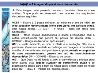 IA(A)1 – A imagem do presidente democrata

 Esta imagem está presente nos cinco domínios discursivos em
análise. O que pode ser observado nos recortes das sequências
discursivas seguintes:

CB1 – Espero (...) possa entregar, ao iniciar-se o ano de 1966, ao
meu sucessor legitimamente eleito pelo povo, em eleições livres,
uma nação coesa (...). (CB1 – 11/04/64 – após ser eleito pelo
Congresso).
CS1 – Meus intuitos democráticos e minha preocupação com o
ordem constitucional não podem ser postos em dúvida. (CS2 –
03/10/66 – Congresso Nacional, após eleição).
M1 – Neste momento, eu sou a oferta e a aceitação. Não sou a
promessa. Quero ser verdade e confiança, ser coragem, a humildade,
a união. A oferta de meu compromisso ao povo perante o congresso
de seus representantes, quero-a um ato de reverdecimento
democrático. (M1 – 30/10/69 – Discurso de posse).
G1 – Que Deus me dê forças a mim, e clarividência e energia, para
levar avante esse legado superior de consciência cívica e de
pragmatismo criado para o bem de nossa pátria e bem-estar de nosso
povo. (G1 – 15/3/74 – Palácio do Planalto, posse).
 