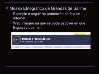    Museo Etnográfico de Grandas de Salime
       Exemplo a seguir na promoción da fala en
        Internet.
       Web trilingüe na que se pode escoyer en que
        lingua se quer ler.
 