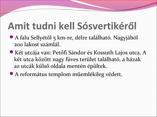 Amit tudni kell Sósvertikéről
A falu Sellyétől 5 km-re, délre található. Nagyjából
 200 lakost számlál.
Két utcája van: ...