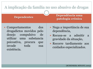Dependentes
Dependência uma
patologia crônica
 Comportamentos dos
drogadictos movidos pelo
desejo compulsivo de
utilizar uma substancia
psicoativa, procura que
invade toda sua
existência.
 Nega a importância de sua
dependência,
 Recusa-se a admitir a
gravidade da situação,
 Recorre tardiamente aos
cuidados especializados.
A implicação da família no uso abusivo de drogas
(SCHENKER; MINAYO, 2003)
 
