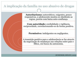 A implicação da família no uso abusivo de drogas
Autoritarismo: autocráticos, exigentes, pouco
responsivos, o adolescente mostra-se obediente as
regras, porém com baixa auto-confiança.
Com autoridade: cordialidade e vigilância,
reciprocidade, correlacionando-se de forma positiva.
Permissivo: indulgentes ou negligentes.
A transição positiva para a adolescência se faz através
da negociação de mudanças nas relações entre pais e
filhos, em busca da autonomia.
(SCHENKER; MINAYO, 2003)
 