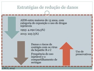 Estratégias de redução de danos
AIDS entre maiores de 13 anos, com
categoria de exposição o uso de drogas
injetáveis
1993: 4.092 (29,5%)
2013: 225 (5%)
Danos e riscos de
contágio com os vírus
da hepatite B e C
Frequência do uso
injetável e o
compartilhamento de
seringas
Uso de
preservativos
(CRUZ, 2014)
 
