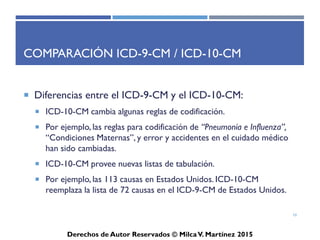 ICD-10-CM
Derechos de Autor Reservados © Milca V. Martínez 2017
Comparación ICD-9-CM / ICD-10-CM
• Diferencias entre el ICD-9-CM y el ICD-10-CM:
– ICD-10-CM es más detallado que el ICD-9-CM con sobre 8,000
categorías comparadas en 4,000 categorías.
– ICD-10-CM transfiere condiciones entre las clasificaciones, por
ejemplo, hemorragia ha sido movida del Capítulo del Sistema
Circulatorio al Capítulo de Síntomas y Signos.
– ICD-10-CM utiliza códigos alfanuméricos de cuatro dígitos en vez de
los códigos numéricos de cuatro dígitos utilizados en el ICD-9-CM.
10
 