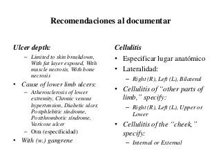 Recomendaciones al documentar
Ulcer depth:
– Limited to skin breakdown,
With fat layer exposed, With
muscle necrosis, With bone
necrosis
• Cause of lower limb ulcers:
– Atherosclerosis of lower
extremity, Chronic venous
hypertension, Diabetic ulcer,
Postphlebitic síndrome,
Postthrombotic síndrome,
Varicose ulcer
– Otra (específicidad)
• With (w.) gangrene
Cellulitis
• Especificar lugar anatómico
• Lateralidad:
– Right (R), Left (L), Bilateral
• Cellulitis of “other parts of
limb,” specify:
– Right (R), Left (L), Upper or
Lower
• Cellulitis of the “cheek,”
specify:
– Internal or External
 