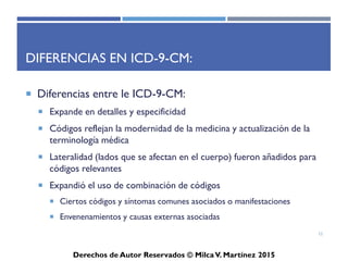 ICD-10-CM
Derechos de Autor Reservados © Milca V. Martínez 2017
Comparación ICD-9-CM / ICD-10-CM
ICD-9-CM Diagnosis Codes ICD-10-CM Diagnosis Codes
3-5 characters in length 3-7 characters in length
Approximately 14,000+ codes Approximately 69,000+ codes
First digit may be alpha (E or V) or numeric;
digits 2-5 are numeric
Digit 1 is alpha; digits 2 and 3 are numeric;
digit s4-7 are alpha or numeric
Limited space for new codes Flexible for adding new codes
Lacks detail Very specific
Lacks laterality Has laterality
Does not support interoperability because it is
not used in other countries
Supports interoperability and the exchange
of health care data between other countries
and the United States
12
 