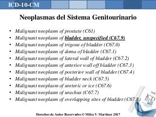 ICD-10-CM
Derechos de Autor Reservados © Milca V. Martínez 2017
Neoplasmas del Sistema Genitourinario
• Malignant neoplasm of prostate (C61)
• Malignant neoplasm of bladder, unspecified (C67.9)
• Malignant neoplasm of trigone of bladder (C67.0)
• Malignant neoplasm of doma of bladder (C67.1)
• Malignant neoplasm of lateral wall of bladder (C67.2)
• Malignant neoplasm of anterior wall off bladder (C67.3)
• Malignant neoplasm of posterior wall of bladder (C67.4)
• Malignant neoplasm of bladder neck (C67.5)
• Malignant neoplasm of ureteric or ice (C67.6)
• Malignant neoplasm of urachus (C67.7)
• Malignant neoplasm of overlapping sites of bladder (C67.8)
151
 