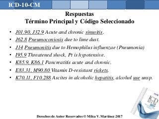 ICD-10-CM
Derechos de Autor Reservados © Milca V. Martínez 2017
Respuestas
Término Principal y Código Seleccionado
• J01.90, J32.9 Acute and chronic sinusitis.
• J62.8 Pneumoconiosis due to lime dust.
• J14 Pneumonitis due to Hemophilus influenzae (Pneumonia)
• I95.9 Threatened shock, Pt is hypotensive.
• K85.9, K86.1 Pancreatitis acute and chronic.
• E83.31, M90.80 Vitamin D-resistant rickets.
• K70.11, F10.288 Ascites in alcoholic hepatitis, alcohol use unsp.
161
 