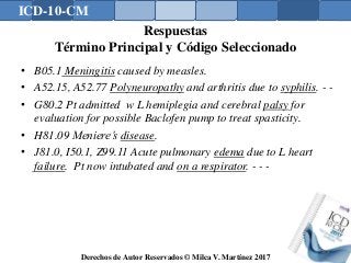 ICD-10-CM
Derechos de Autor Reservados © Milca V. Martínez 2017
Respuestas
Término Principal y Código Seleccionado
• B05.1 Meningitis caused by measles.
• A52.15, A52.77 Polyneuropathy and arthritis due to syphilis. - -
• G80.2 Pt admitted w L hemiplegia and cerebral palsy for
evaluation for possible Baclofen pump to treat spasticity.
• H81.09 Meniere’s disease.
• J81.0, I50.1, Z99.11 Acute pulmonary edema due to L heart
failure. Pt now intubated and on a respirator. - - -
169
 