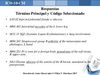 ICD-10-CM
Derechos de Autor Reservados © Milca V. Martínez 2017
Respuestas
Término Principal y Código Seleccionado
• L05.02 Infected pilonidal fistula w abscess.
• M60.162 Interstitial myositis of the L lower leg.
• M32.13 SLE (Systemic Lupus Erythematosus) w lung involvement.
• M00.242 Streptococal group B arthritis of the metacarpus and
phalanges, L hand.
• M60.221 Pt is seen for a foreign body granuloma of the soft tissue,
R upper arm.
• N61 Chronic abscess of the areola of the R breast, unrelated to the
puerperium.
175
 