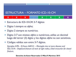 ICD-10-CM
Derechos de Autor Reservados © Milca V. Martínez 2017
Ejercicios:
Selección de término principal
• typhoid fever
• chest pain
• gastroesophageal reflux
• otitis media
• atrial flutter
• tension headache
• ectopic pregnancy
• rheumatoid arthritis of the knee
• aortic stenosis w. mitral valve disease
• diaphragmatic hernia with gangrene
26
 