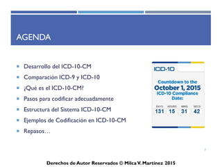 ICD-10-CM
Derechos de Autor Reservados © Milca V. Martínez 2017
Agenda
• Desarrollo del ICD-10-CM
• Comparación ICD-9 y ICD-10
• ¿Qué es el ICD-10-CM?
• Pasos para codificar adecuadamente
• Estructura del Sistema ICD-10-CM
• Índice Alfabético y Lista Tabular
• Tablas de Neoplasmas y Drogas
• Ejemplos de Codificación en ICD-10-CM
• Repasos…
3
 