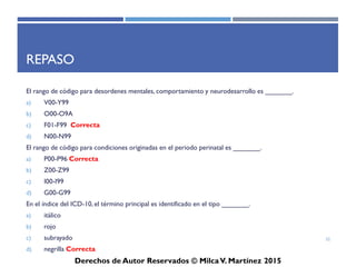 ICD-10-CM
Derechos de Autor Reservados © Milca V. Martínez 2017
Repaso
• El ICD-10 se origino por _______.
• Actualmente el ICD-10 se utiliza en _______.
• El ICD-10 será implementado en Estados Unidos a partir de _____.
32
 
