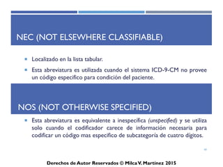 ICD-10-CM
Derechos de Autor Reservados © Milca V. Martínez 2017
Tips de cada Capítulos
• Altered Mental Status
• Cerebral Palsy
• Glaucoma
• Otitis Media
• Hearing Loss
• Heart Failure
• CVA
• Infarction
• Arrest
• Respiratory Failure
• Pneumonia
• Asthma
Capítulo 9Capítulo 6
Capítulo 7
Capítulo 8 Capítulo 10
 