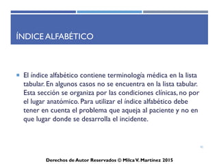 ICD-10-CM
Derechos de Autor Reservados © Milca V. Martínez 2017
Tips de cada Capítulos
• Coma
• Fractures
• Burns
• External Cause
• History (Personal & Family)
• Contact w and Exposure to…
• Reproduction Services
• Socioeconomic and Psychosocial
Circumstances
• Body Mass Index
• Mechanical Device Complications
• Surgical Complications
Capítulo 21Capítulo 18
Capítulo 19
Otros…
Capítulo 20
 