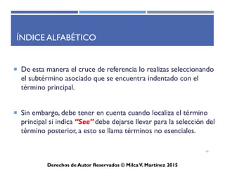 ICD-10-CM
Derechos de Autor Reservados © Milca V. Martínez 2017
Repaso
1. El rango de código para desordenes mentales, comportamiento y neurodesarrollo es _____.
a. V00-Y99
b. O00-O9A
c. F01-F99 Correcta
d. N00-N99
2. El rango de código para condiciones originadas en el periodo perinatal es _______.
a. P00-P96 Correcta
b. Z00-Z99
c. I00-I99
d. G00-G99
3. En el índice del ICD-10, el término principal es identificado en el tipo _______.
a. itálico
b. rojo
c. subrayado
d. negrilla Correcta
45
 