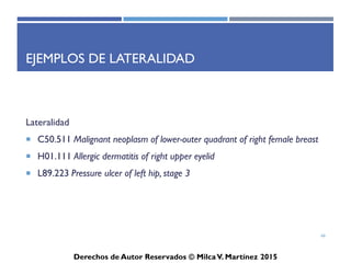 ICD-10-CM
Derechos de Autor Reservados © Milca V. Martínez 2017
Localidad
• Condiciones como cáncer de pene (penile cancer),
estenosis uretral (urethral stricture), criptorquidia
(undescended testicle), hipospadias (hypospadias)
requieren información sobre la ubicación de la
condición para la elección de código más precisa.
66
 
