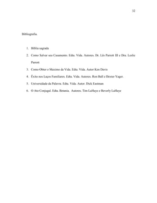 32




Bibliografia.



   1. Bíblia sagrada

   2. Como Salvar seu Casamento. Edta. Vida. Autores. Dr. Lês Parrott III e Dra. Leslie

       Parrott

   3. Como Obter o Maximo da Vida. Edta. Vida. Autor Ken Davis

   4. Êxito nos Laços Familiares. Edta. Vida. Autores. Ron Ball e Dexter Yager.

   5. Universidade da Palavra. Edta. Vida. Autor. Dick Eastman

   6. O Ato Conjugal. Edta. Betania. Autores. Tim LaHaye e Beverly LaHaye
 