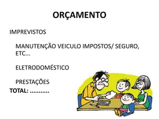 ORÇAMENTO
IMPREVISTOS
MANUTENÇÃO VEICULO IMPOSTOS/ SEGURO,
ETC...
ELETRODOMÉSTICO
PRESTAÇÕES
TOTAL: ...........
 