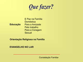 Constelação Familiar
Educação
E Paz na Família
Doméstica
Para a Amizade
Pelo trabalho
Para a Coragem
Sexual
Orientação Religiosa na Família
EVANGELHO NO LAR
 