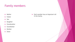 Family members


Mother



Father



Son



Daughter



Grandmother



Grandfather



Brother



Sister



Each member has an important roll
in the family.

 
